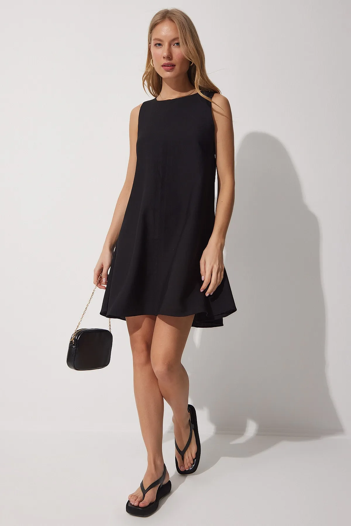 Happiness İstanbul  Schwarzes gewebtes A-Linien-Sommerkleid für Damen BF00067