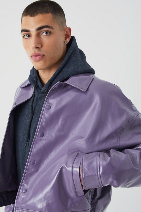 Kastige hochglänzende PU Harrington-Jacke