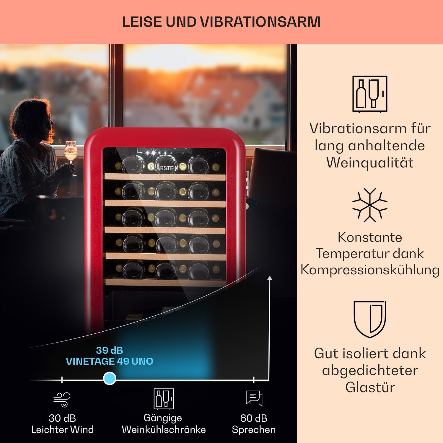 Klarstein Weinkühlschrank Vinetage 49 Uno, für 49 Standardflaschen á 0,75l,Flaschenkühlschrank Weintemperierschrank Weinschrank Kühlschrank Retro