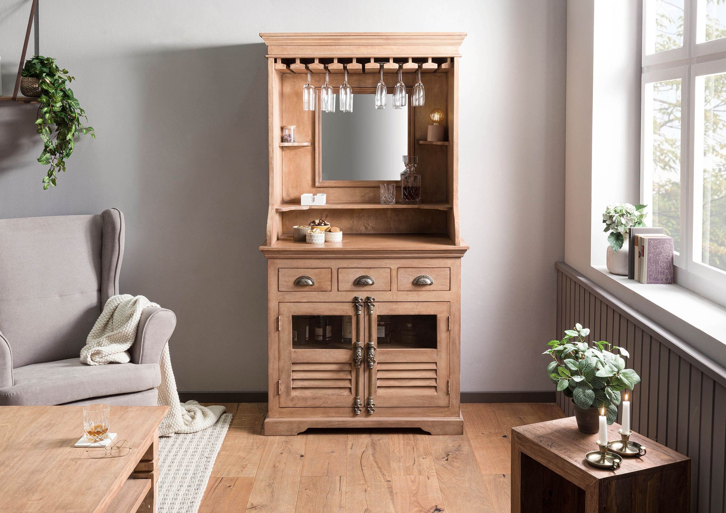 Massivmoebel24 Barschrank Mango 98x51x190 beige geölt TOULOUSE #05