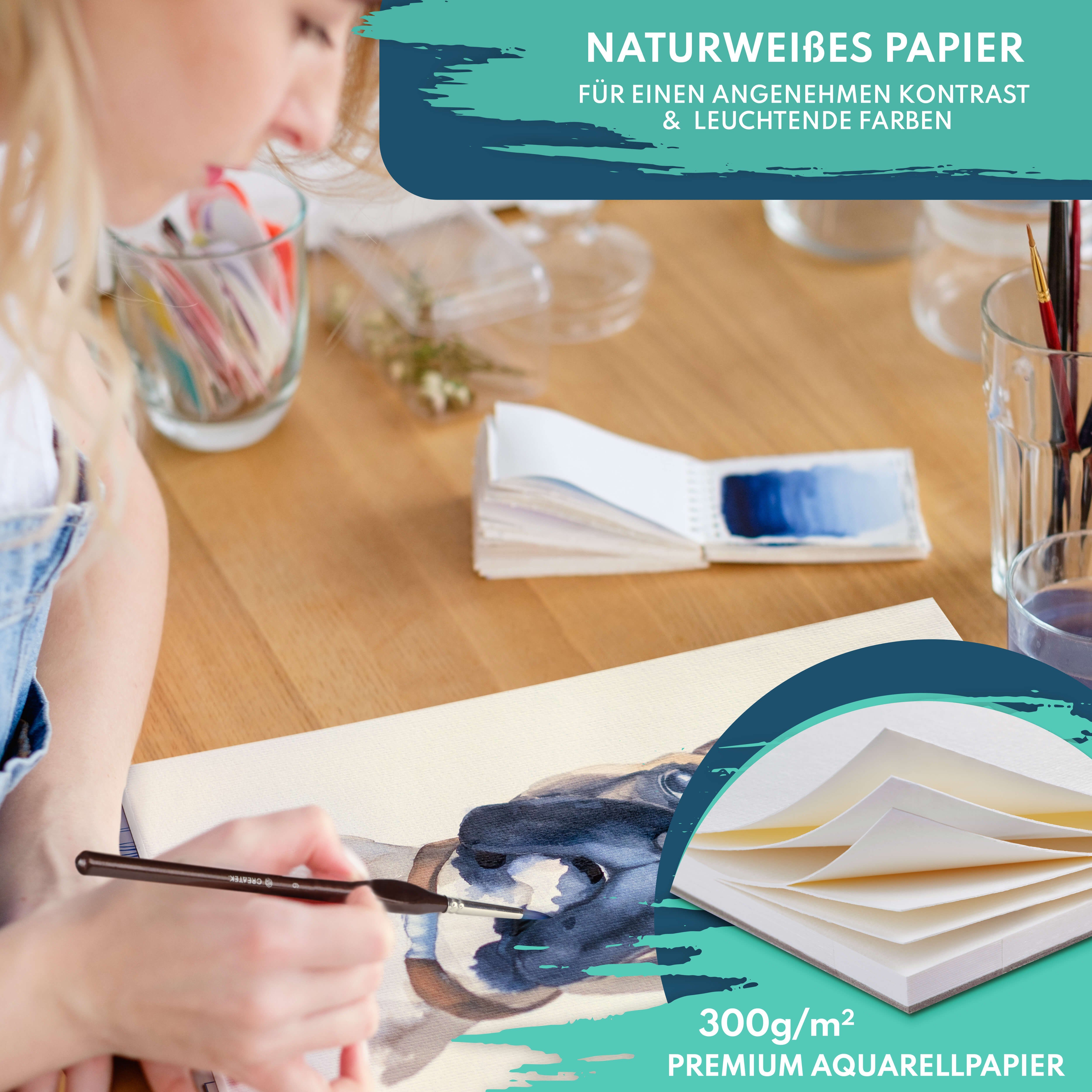 CreaTek Aquarellpapier 300g diverse Größen - Premium Qualität inkl. Pinsel & Bleistift uvm., 2 STUNDEN VIDEOKURS + 400 MALVORLAGEN