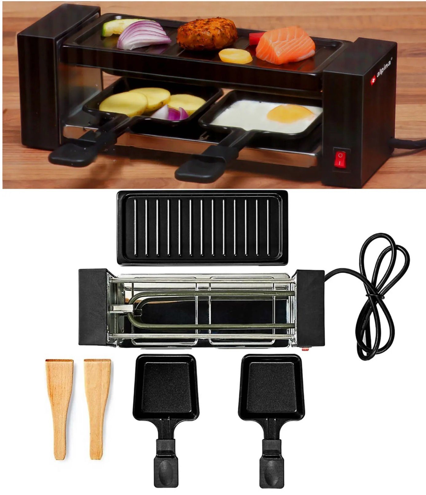 JUNG Raclette Raclette 2 personen Tischgrill Elektro Grill Partygrill Elektrogrill, 2 Raclettepfännchen, 400 W, Silvester, Weihnachten, Raklett, 4 Personen, 2 Personen, 6 Personen