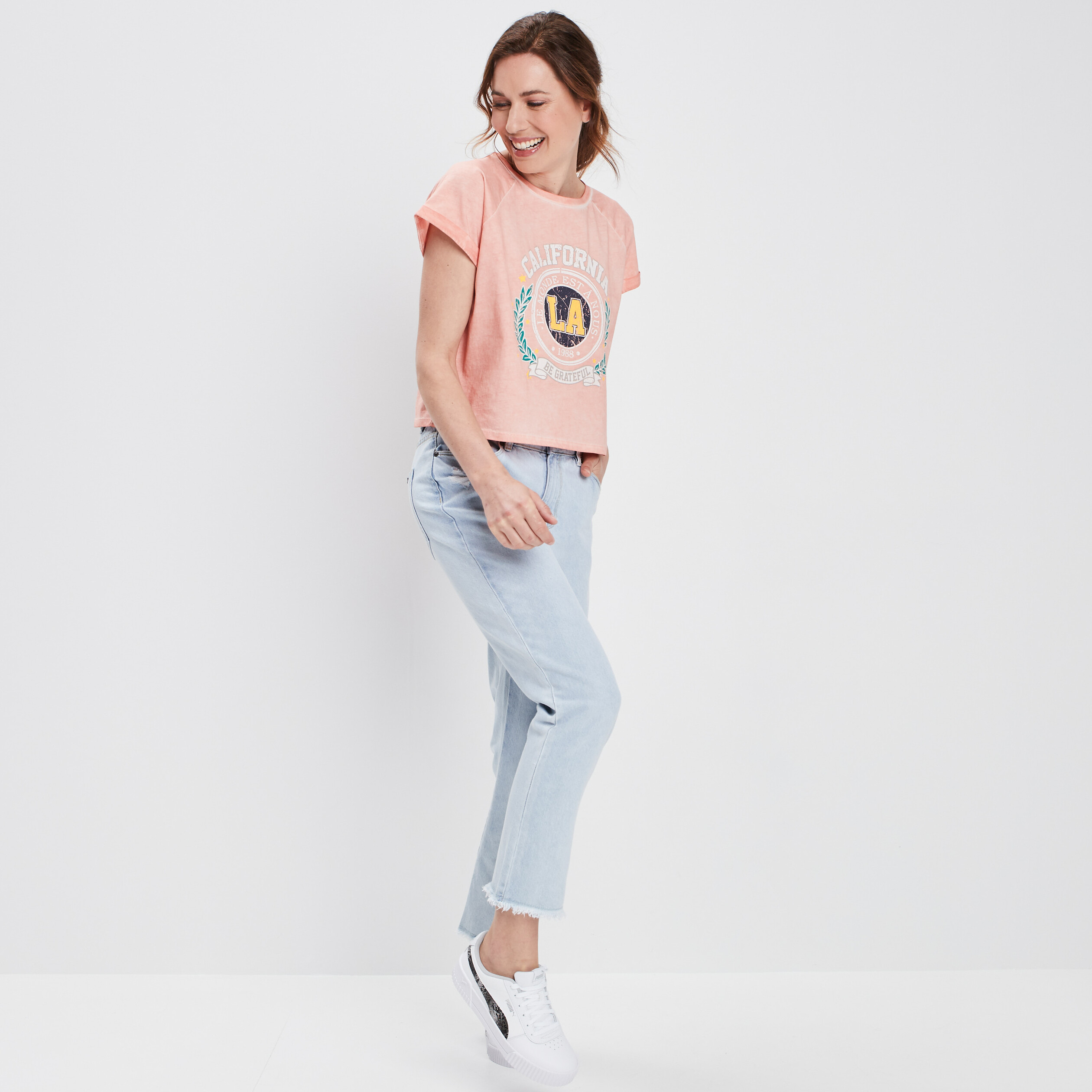T-shirt cropped à col rond rose femme | La Halle