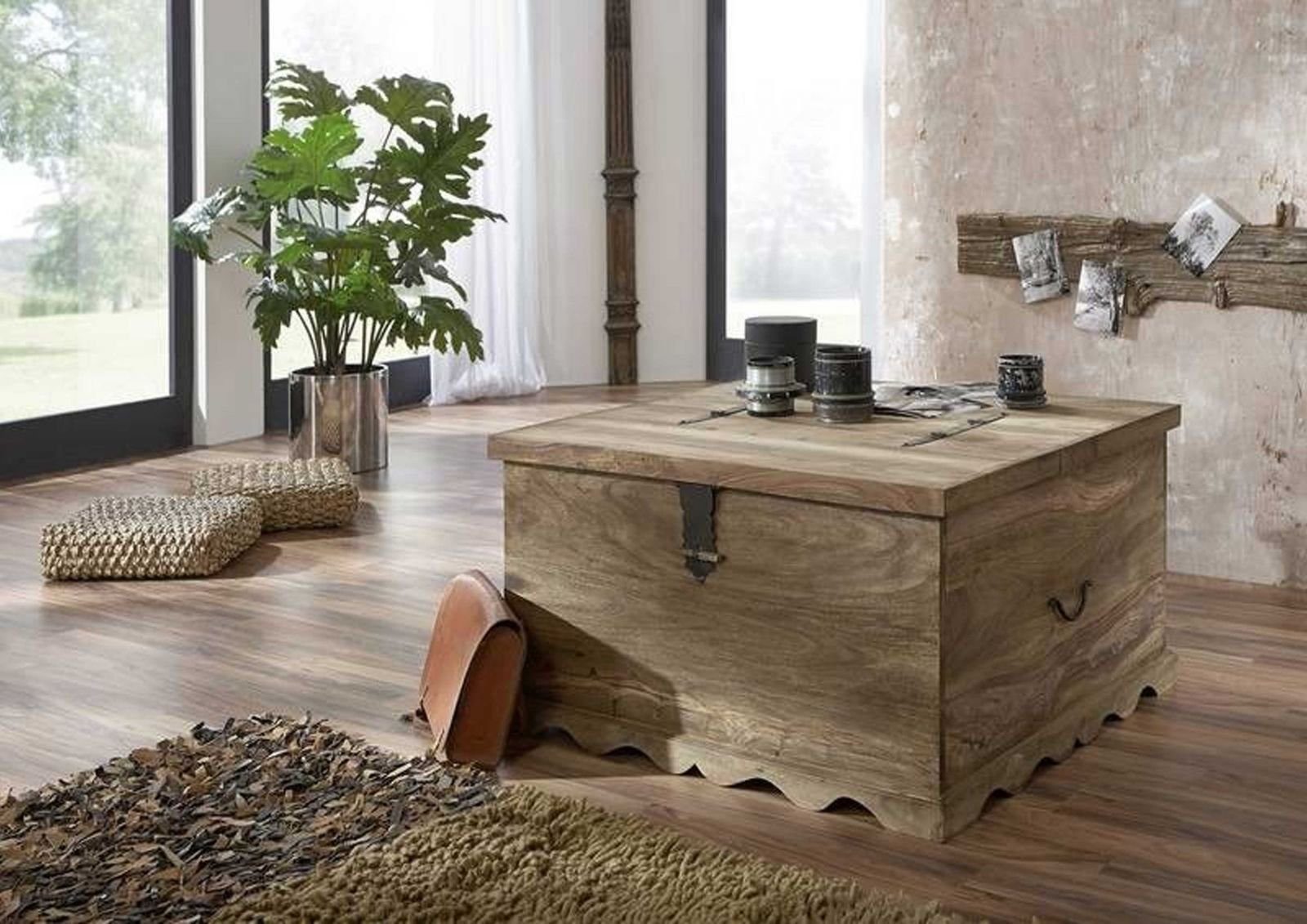 Massivmoebel24 Truhe LEEDS (Holztruhe, Holzkiste mit Deckel, Aufbewahrungstruhe für Stauraum aus Massivholz, Truhe im typischem Landhausstil mit einem großen Fach, in grau geölt 88x88x50 Sheesham montiert), Mexico-Stil;Landhaus-Stil;authentische Holz