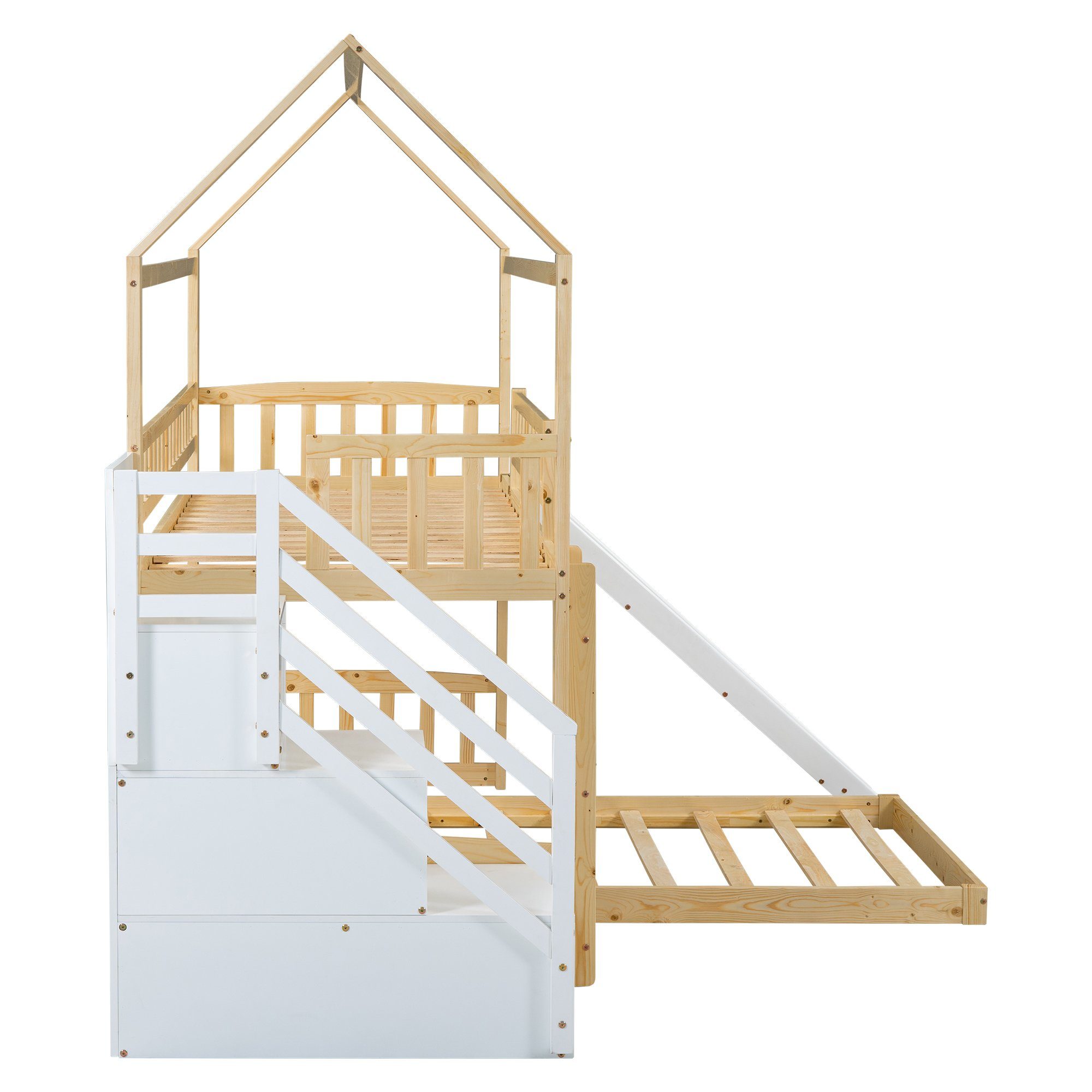 Gotagee Kinderbett Hausbett Kinderbett Etagenbett mit Treppe+Stauraum+Rutsche 90x200cm, Natur+Weiß
