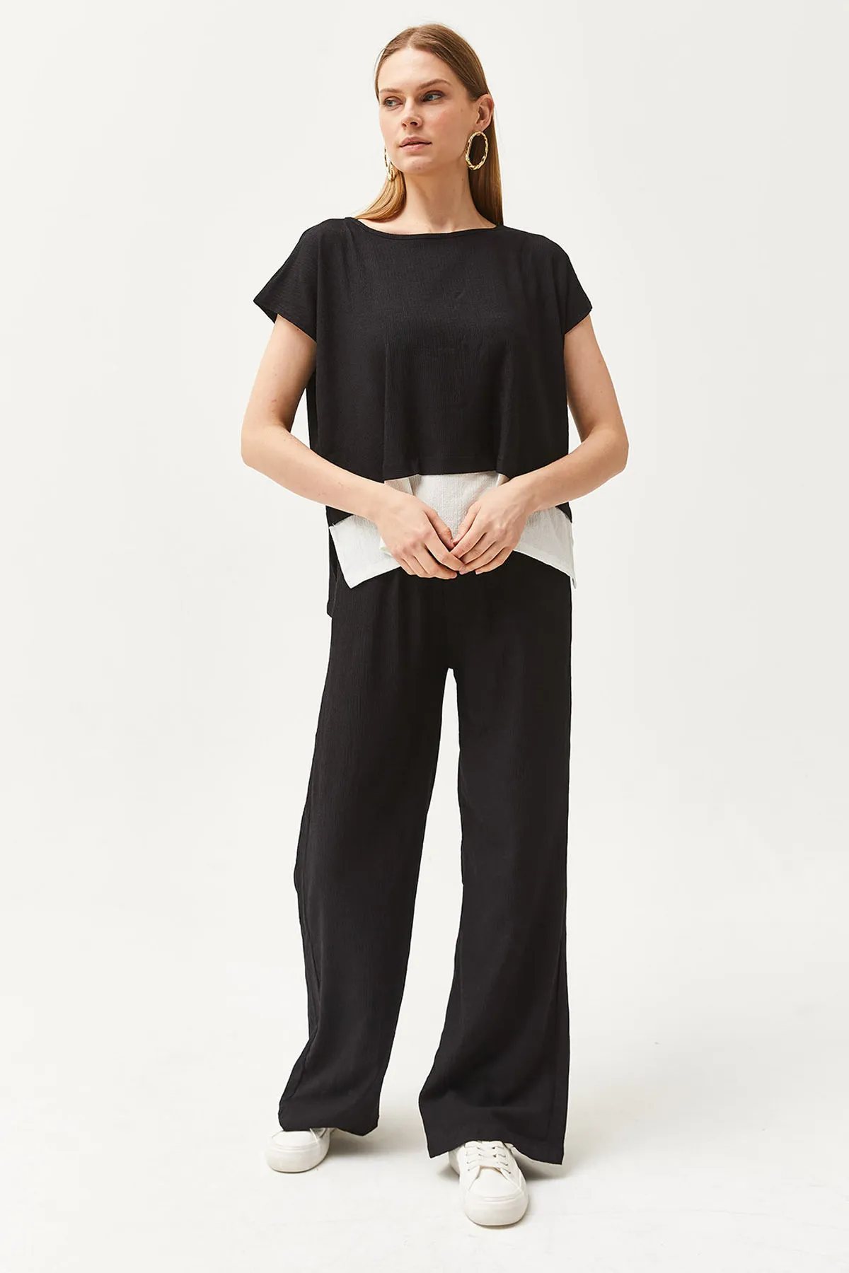 Olalook  Schwarzes Damen-Set aus Oberteil, Bluse und Hose, TKM-19000273