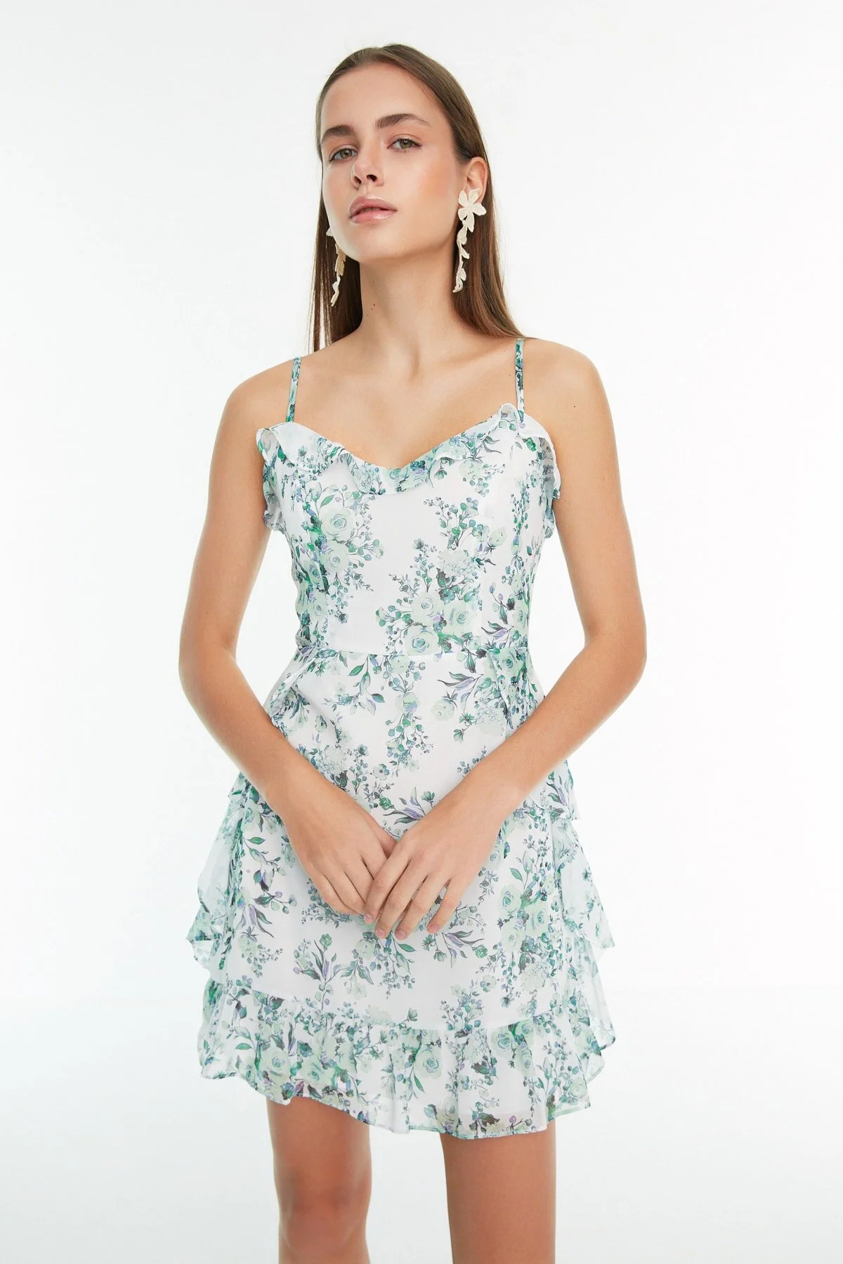 Trendyol Collection  Mintgrünes, gewebtes Minikleid mit Volant und Blumenmuster in A-Linie TWOSS20EL1267