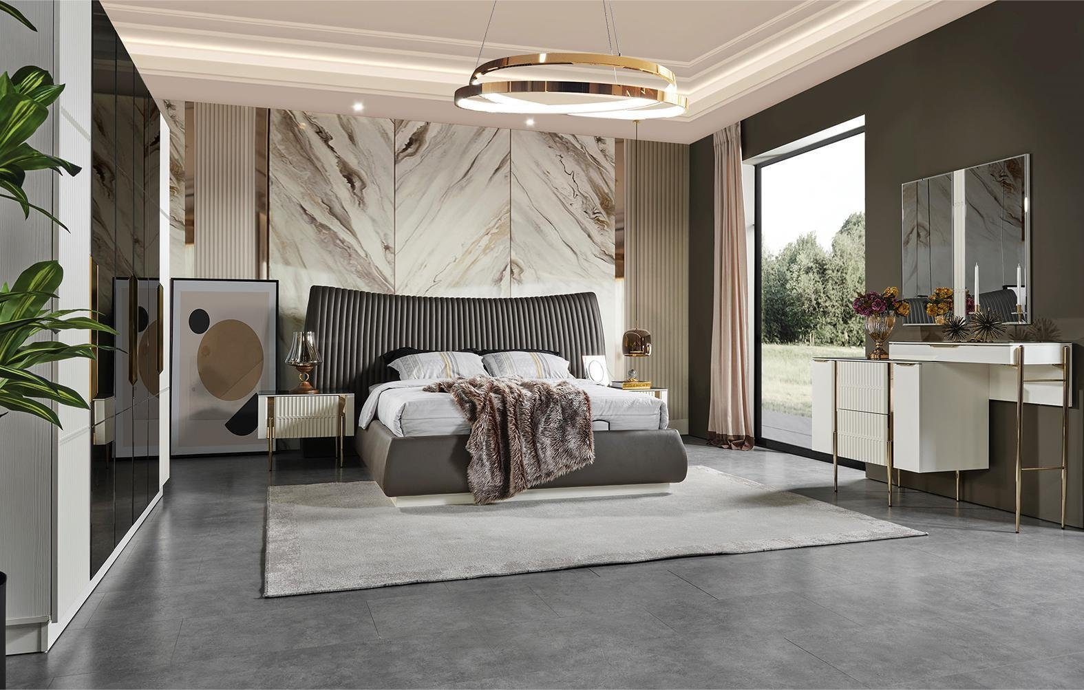 JVmoebel Schlafzimmer-Set Moderne Schlafzimmergarnitur Designer Set Bett 2x Nachttische 5 tlg., (5-St., Bett, 2x Nachttische, Schminktisch, Spiegel), Made in Europa