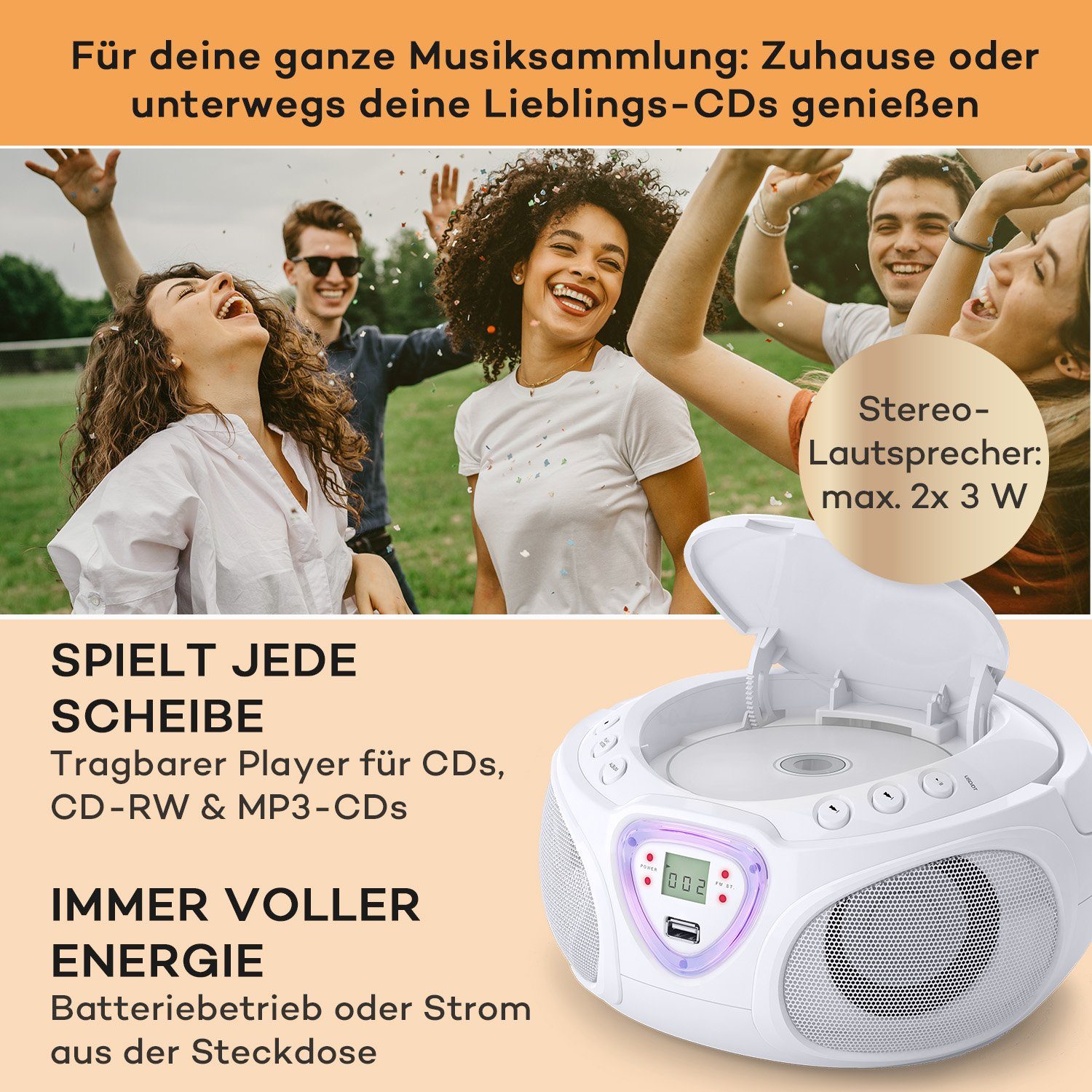 Auna Roadie Radio (FM-Radio, Kinder CD Player tragbar Musikbox Bluetooth CD Spieler Radio Soundbox)