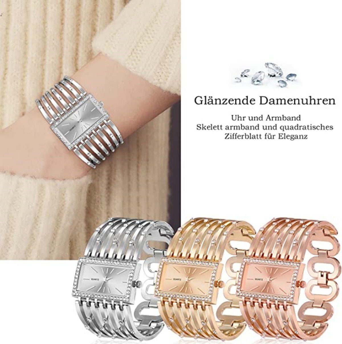DOPWii Quarzuhr Damenuhr,Bling Kristalle Armreif Damenuhr,Rechteckiges Zifferblatt