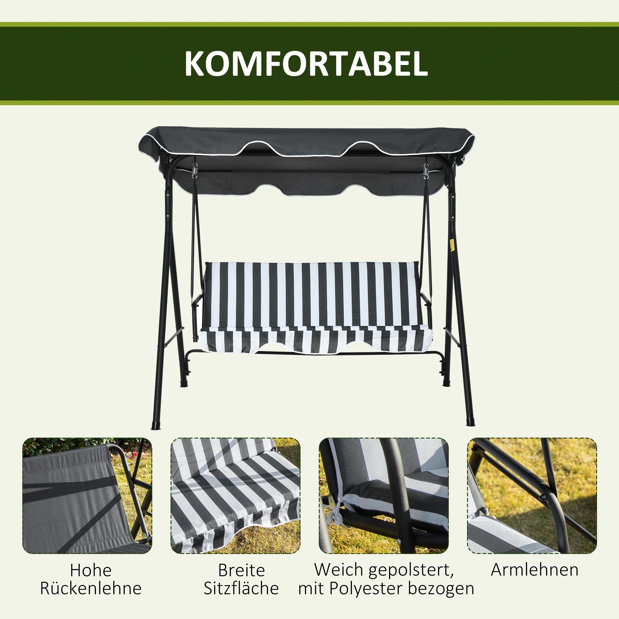 Outsunny Hollywoodschaukel Hollywoodschaukel, 3-Sitzer, Set, 1 tlg., 1 x Hollywoodschaukel, BxTxH: 172x110x153 cm