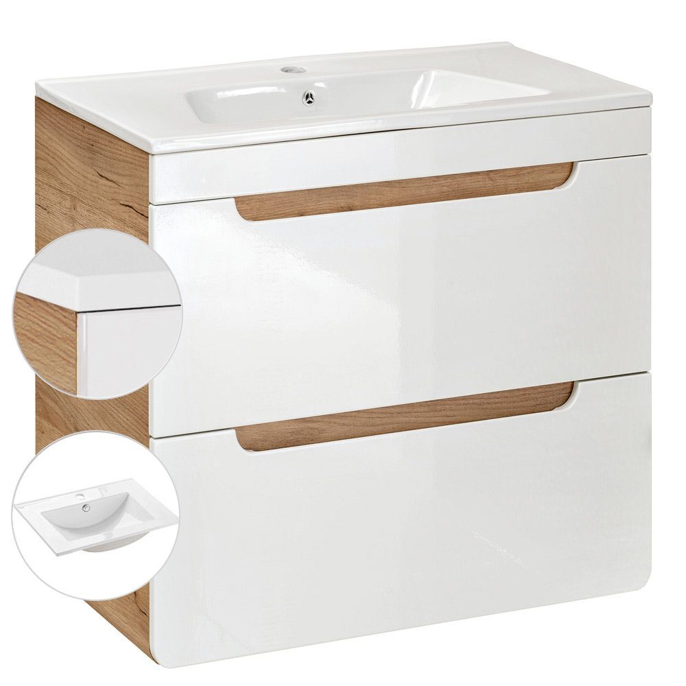 Lomadox Badmöbel-Set LUTON-56, (5-St), Wotan Eiche Nb. inkl. 61 cm Keramikwaschtisch 111/200/46 cm