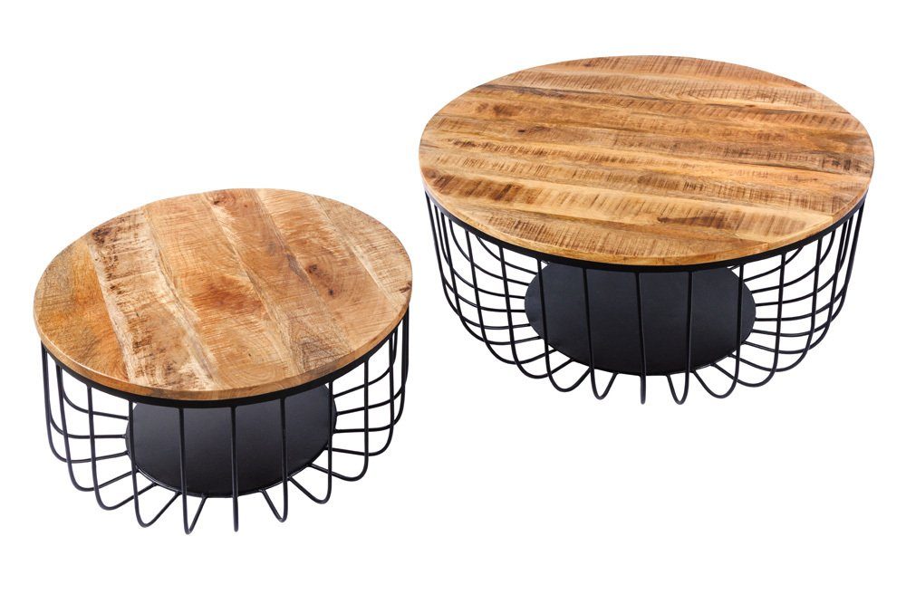 riess-ambiente Couchtisch STORAGE Ø70cm natur / schwarz (Set, 2-St), Massivholz · Metall · rund · Mango · Wohnzimmer · Industrial