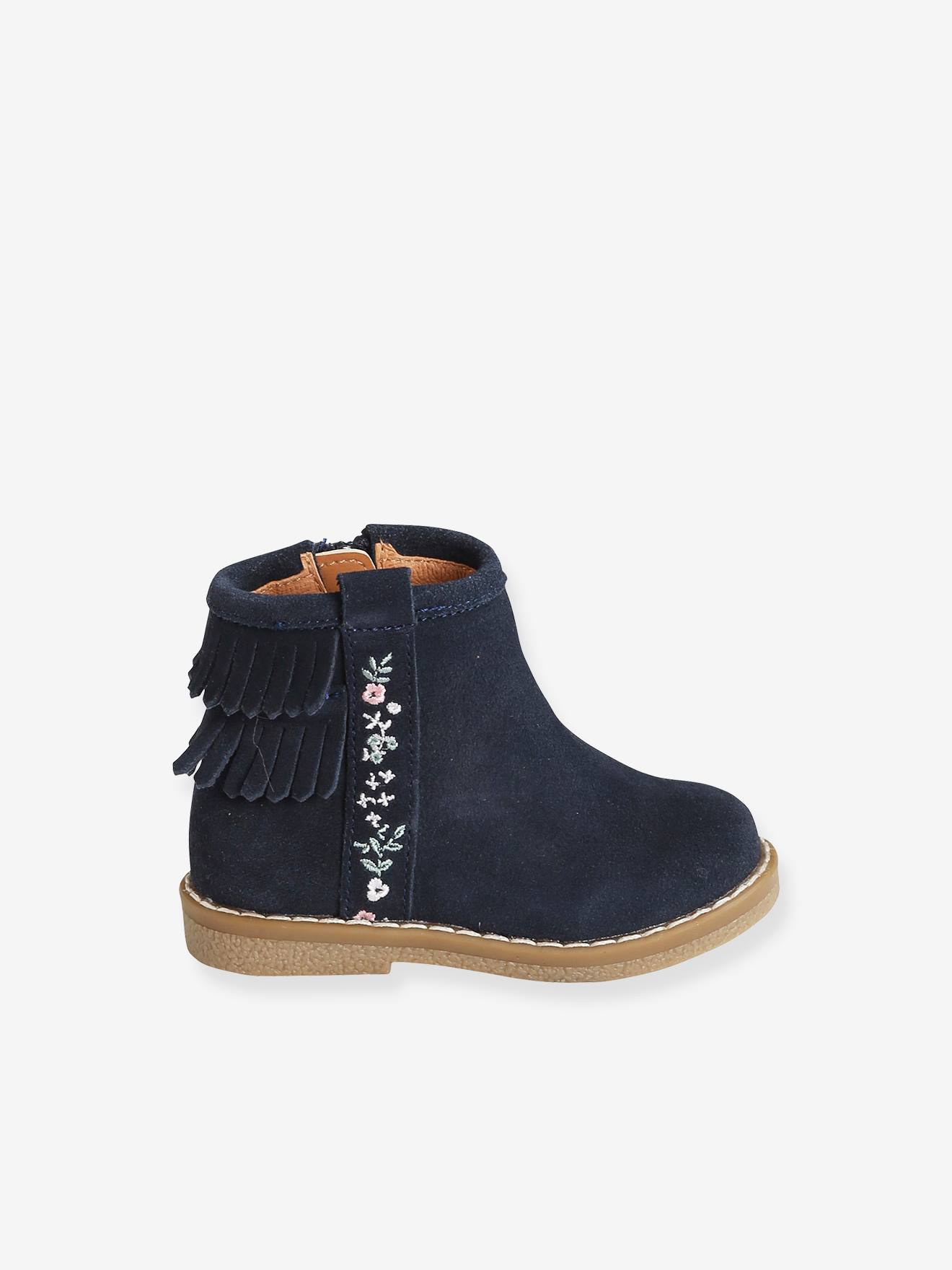Boots cuir bébé fille frangées bleu marine