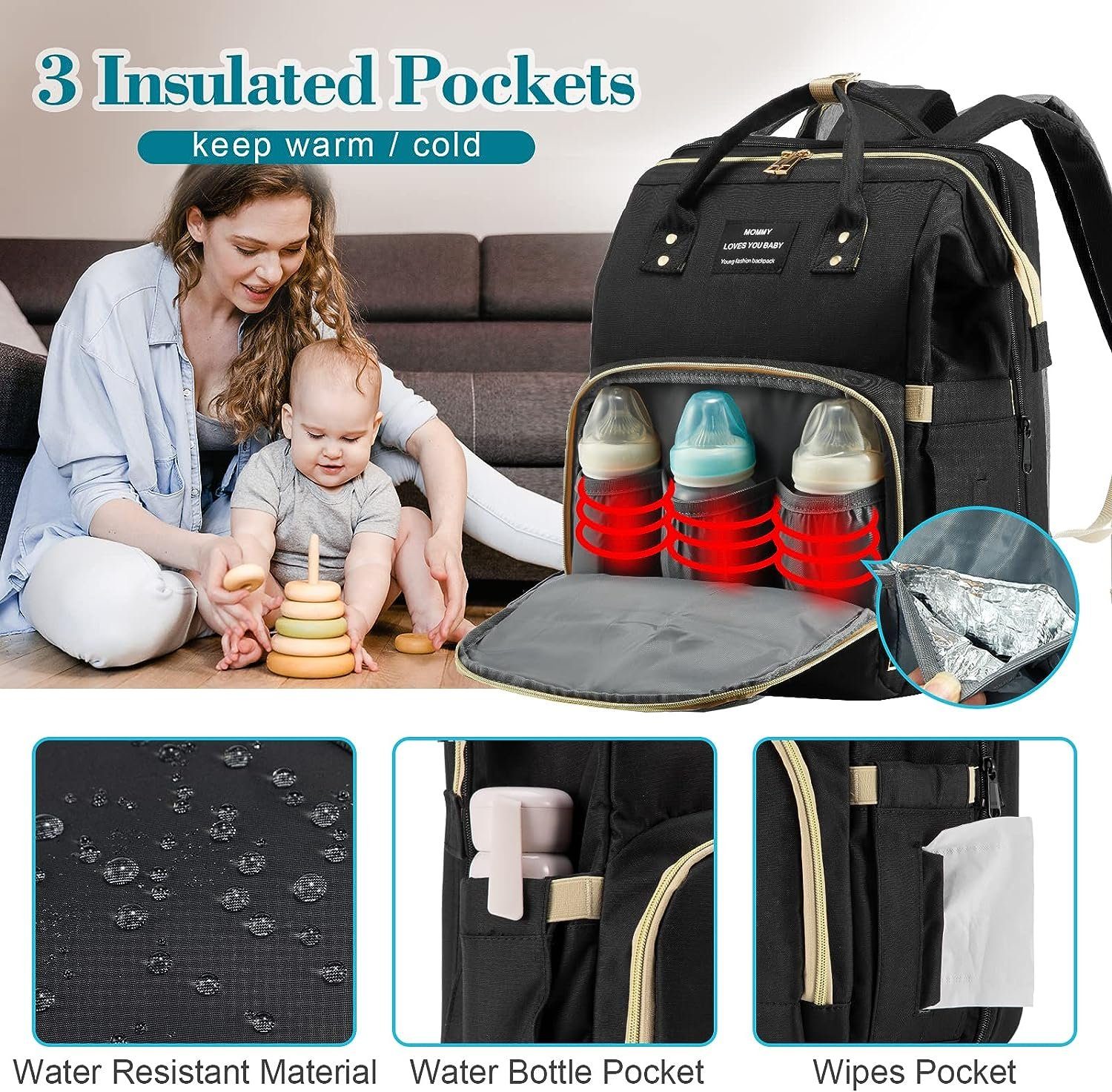 Blusmart Wickeltasche Wickelrucksack Babytasche mit Kinderbett (3D atmungsaktive gepolsterte Rückseite und Schultergurte, kann die Tasche am Kinderwagen angehängt werden), Baby Wickelrucksack, Großer Stauraum