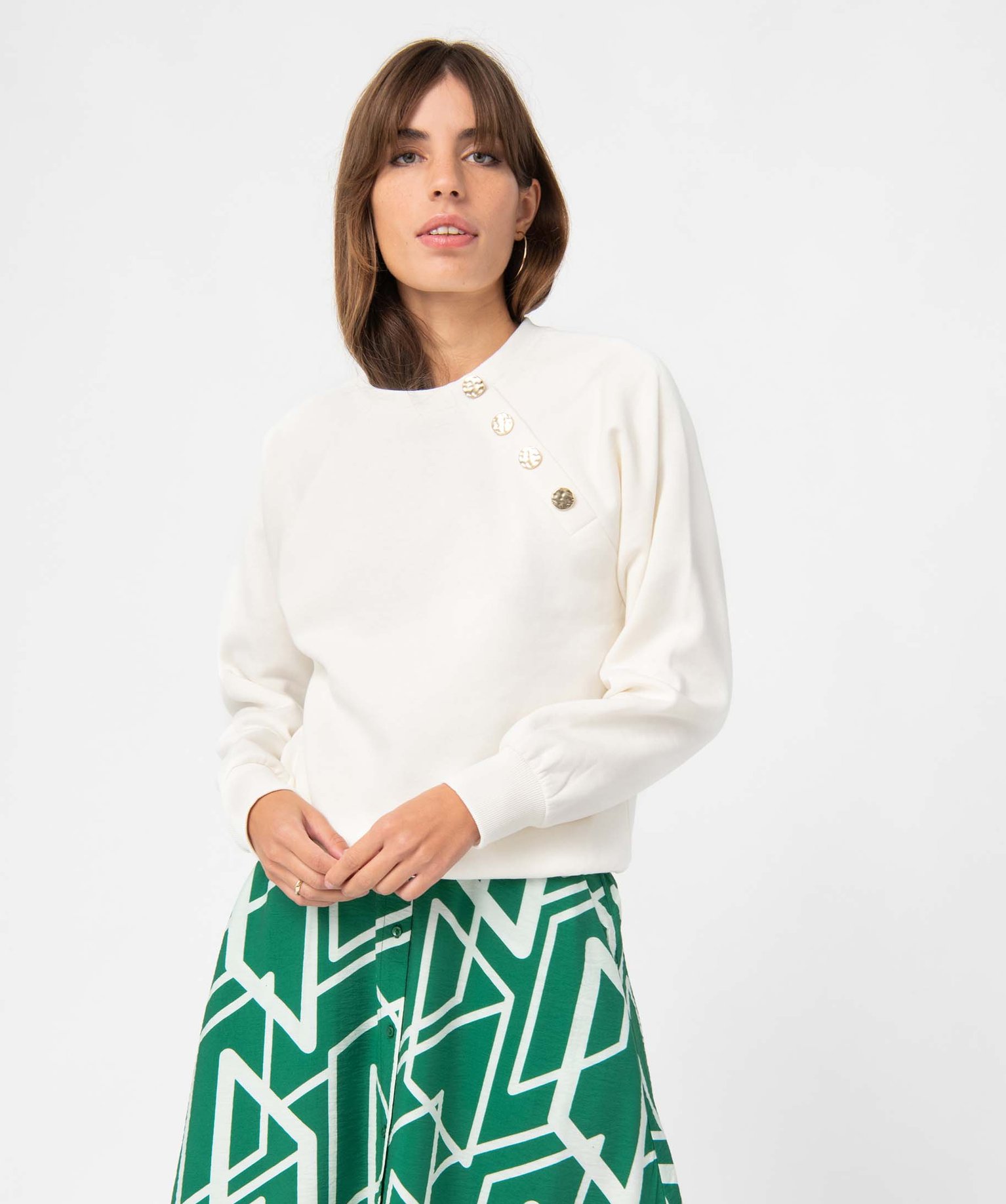 Sweat femme avec manches raglan et boutons fantaisie ecru | GEMO