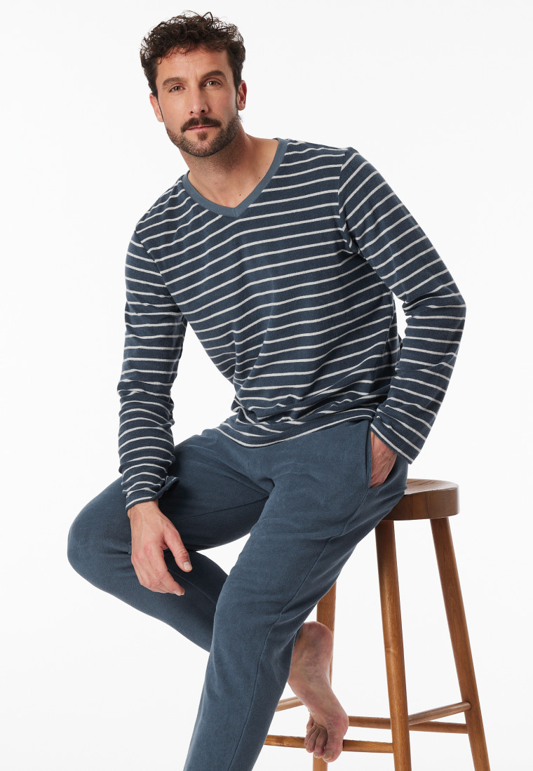 Schlafanzug lang Frottee Streifen jeansblau - Casual Nightwear