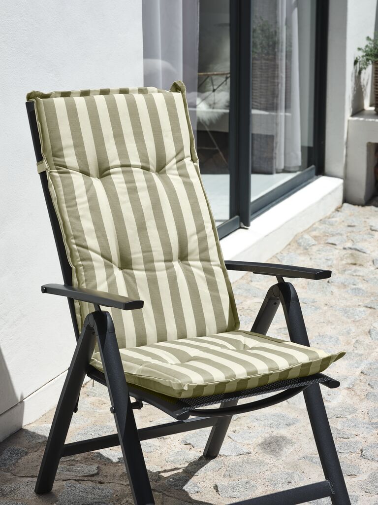 Chaise de jardin LANGMOSE avec coussin réglable, disponible en plusieurs couleurs.