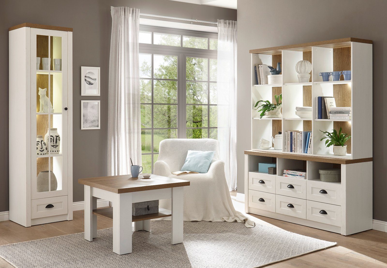 Furn.Design Buffet Seyne (Buffetschrank in Pinie weiß und Eiche hell, 130 x 180 cm) moderner Landhausstil, mit 6 Schubladen