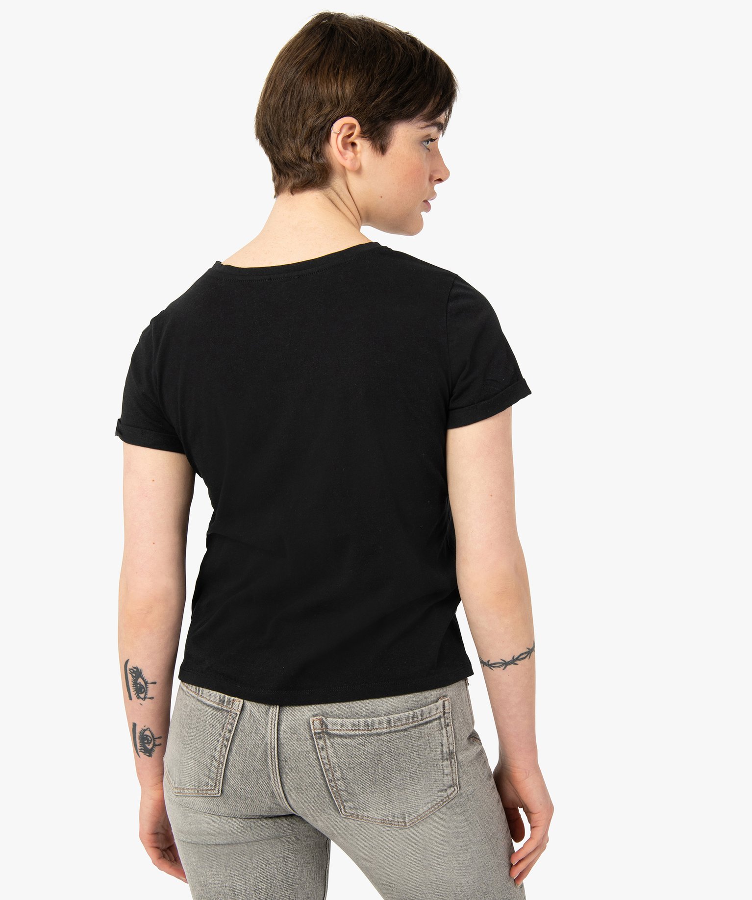 Tee-shirt femme à manches courtes avec inscription en sequins noir | GEMO