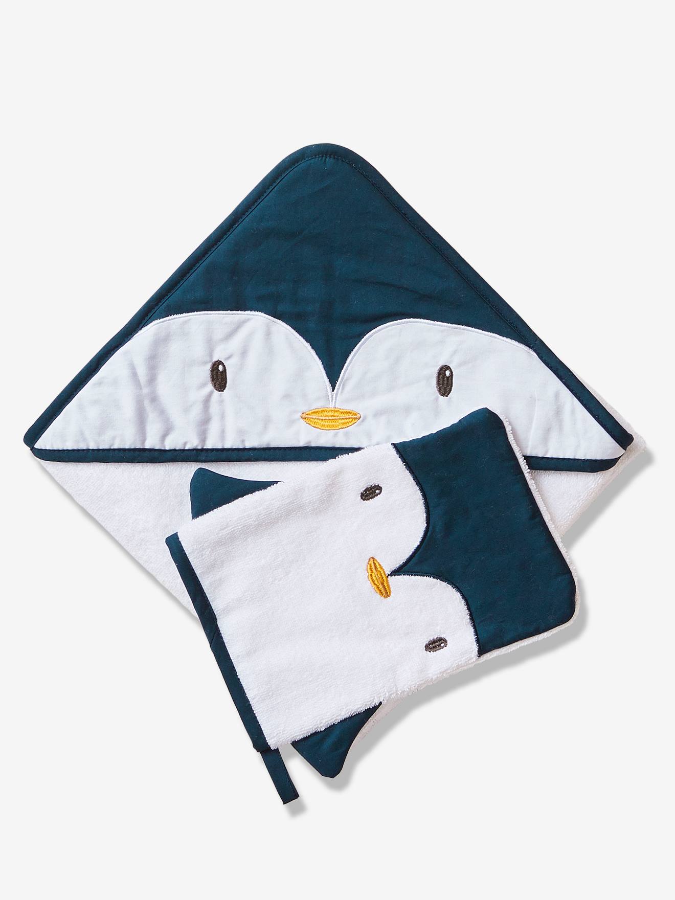 Coffret cape de bain + gant Pingouin blanc / bleu