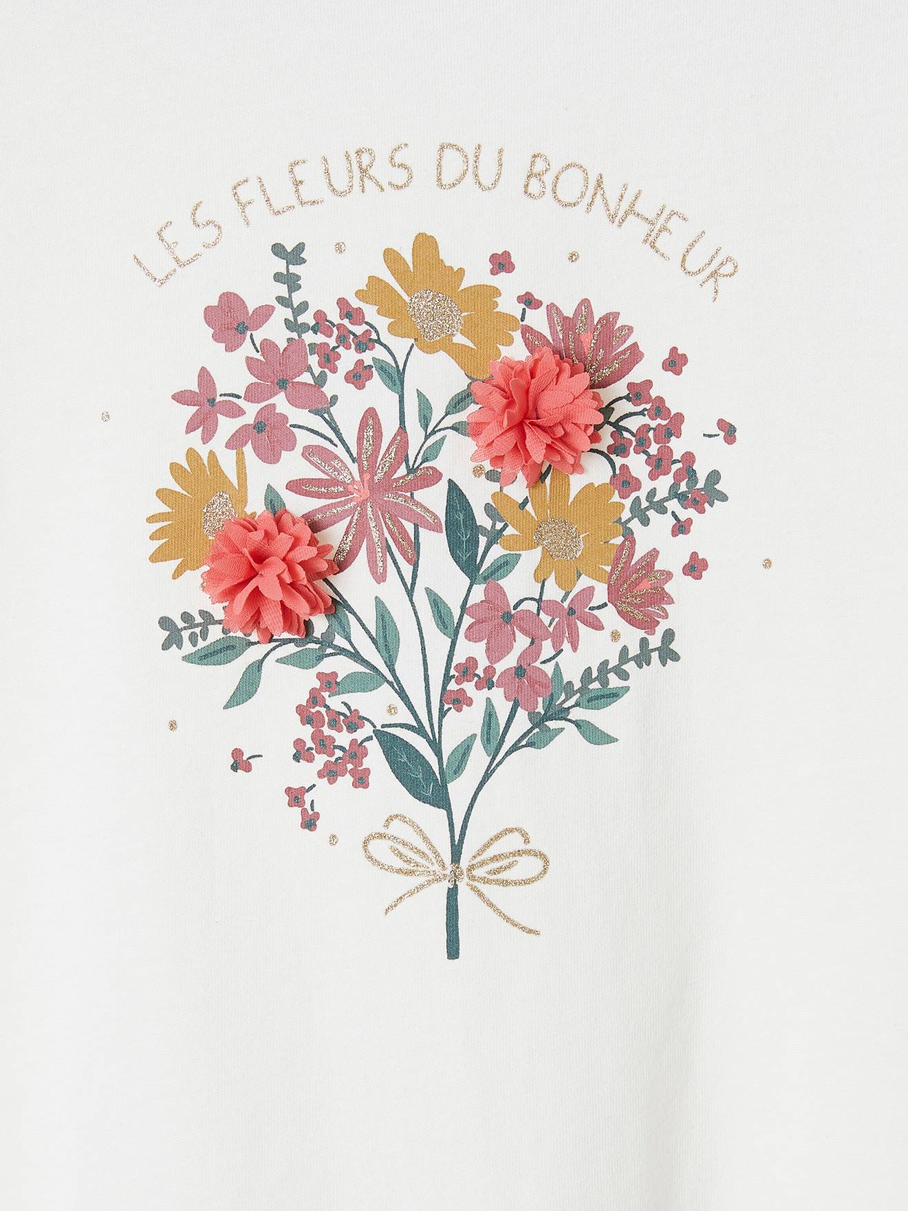T-shirt romantique animation en relief et détails irisés fille écru