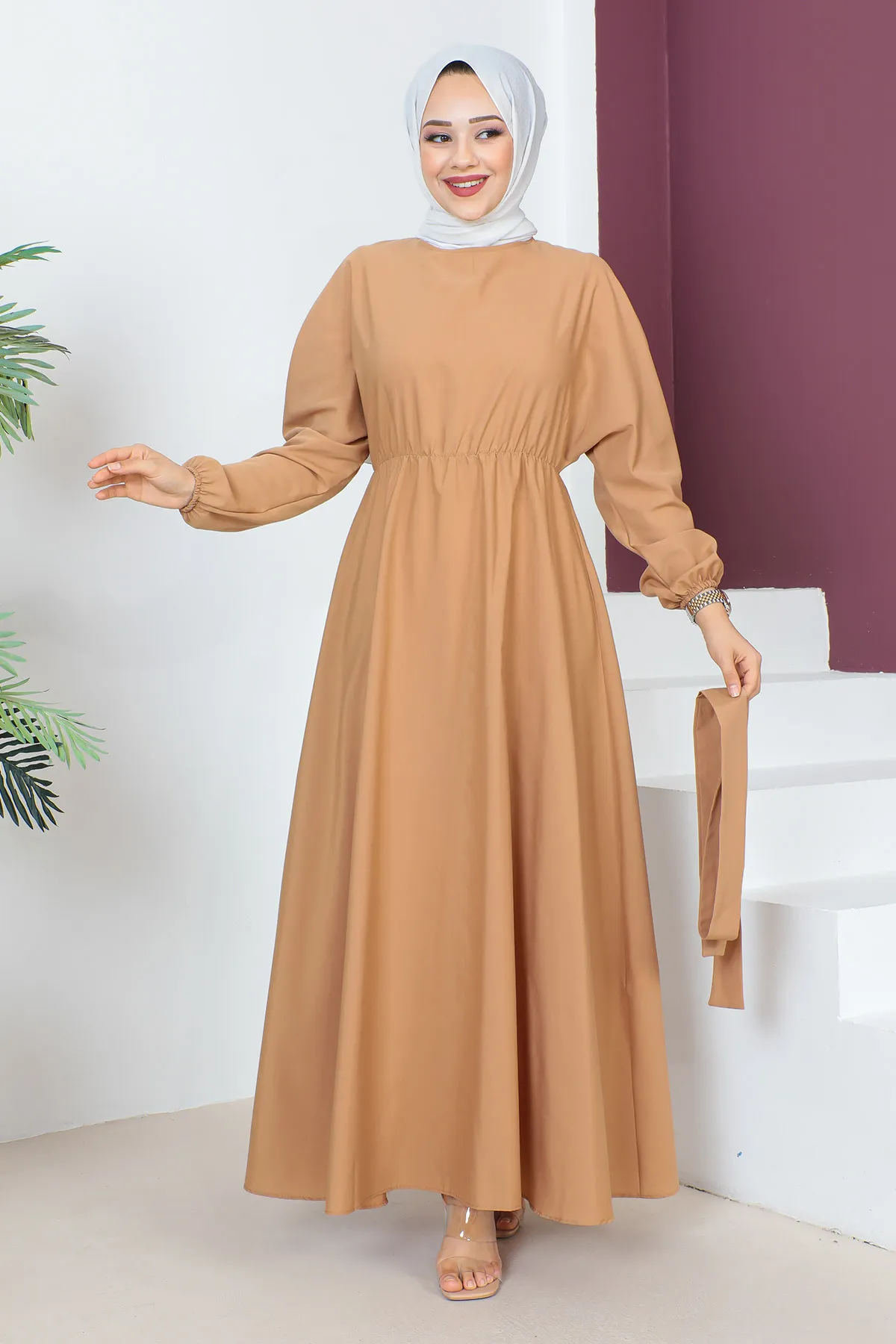 Tesettür Dünyası  Kleid mit Taillengürtel TSD230611 Kamel