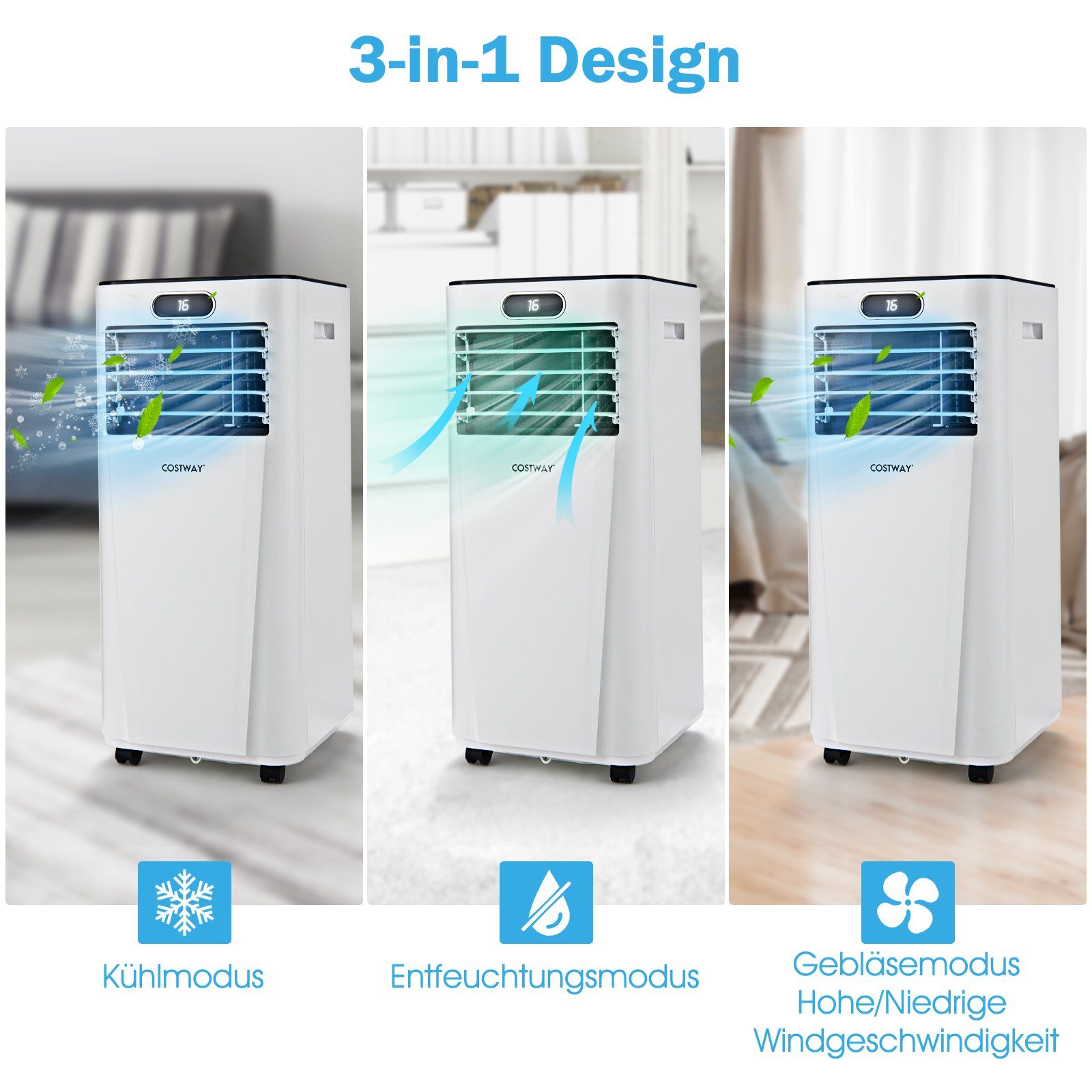 COSTWAY 3-in-1-Klimagerät, 7000BTU/2,1kW, für Räume bis 65m³, Fernbedienung
