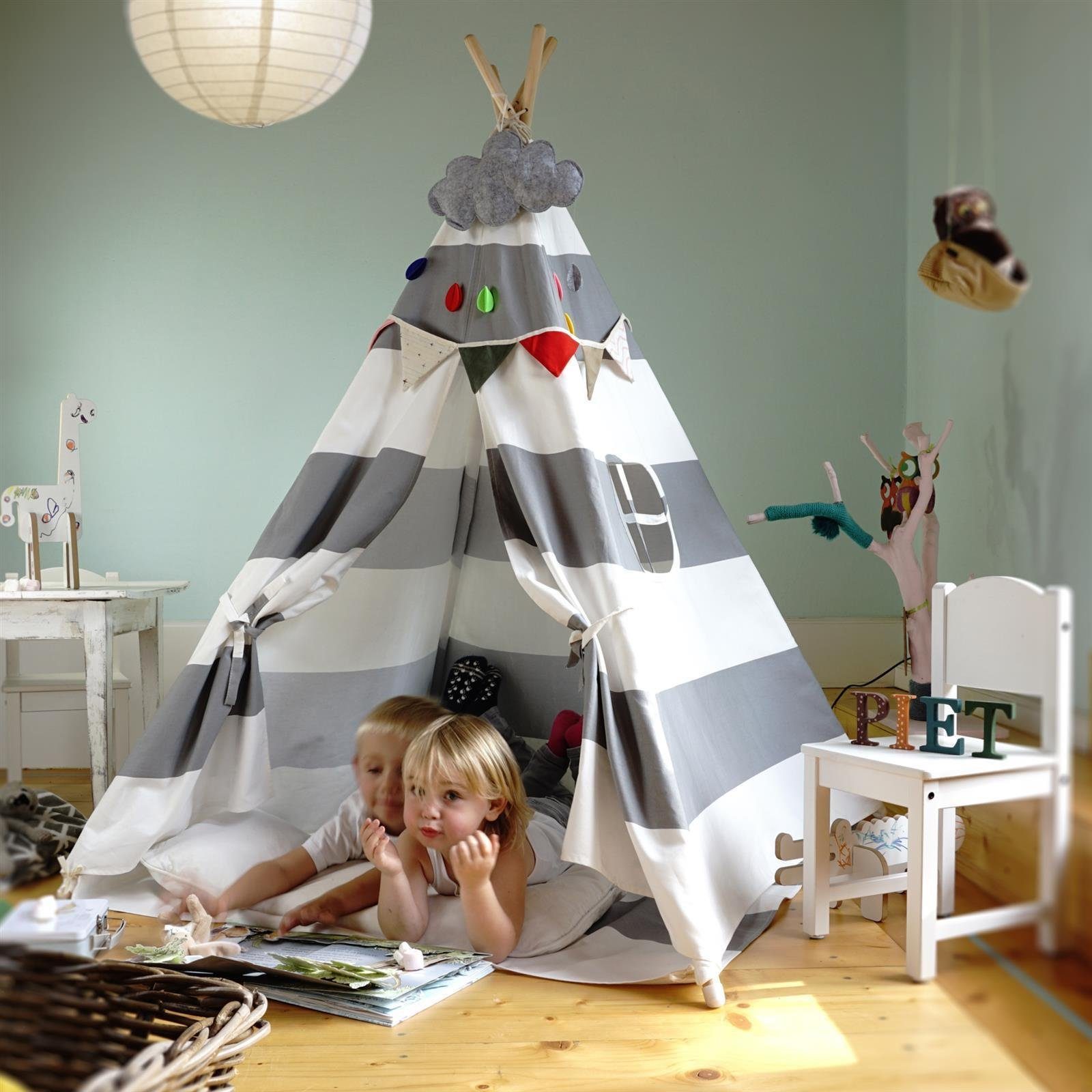 Hej Lønne Tipi-Zelt Tipi Zelt für Kinder grau gestreift Kinderzelt, (6er Set)