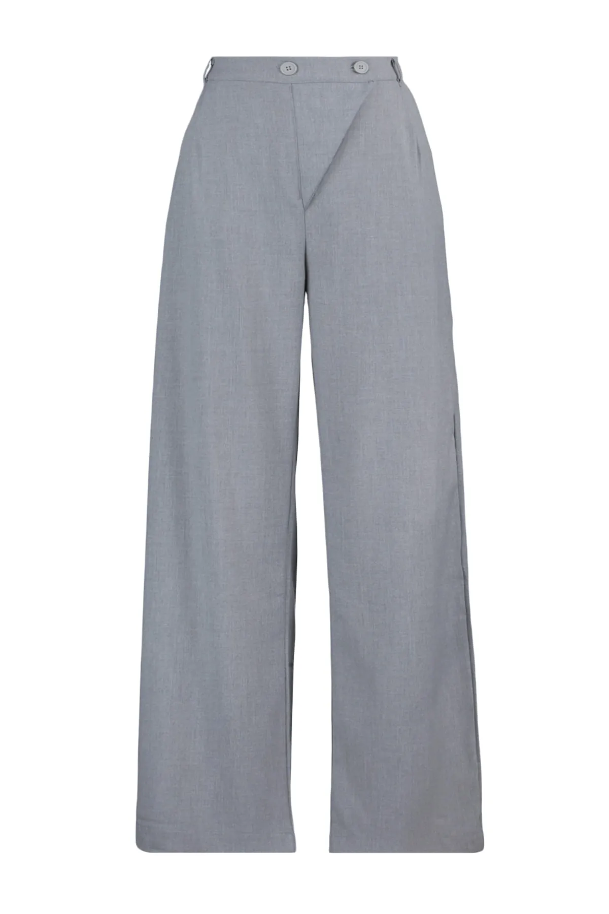 Trendyol Curve  Graue asymmetrische Hose aus gemustertem Webstoff mit zwei Knöpfen TBBAW23AR00038