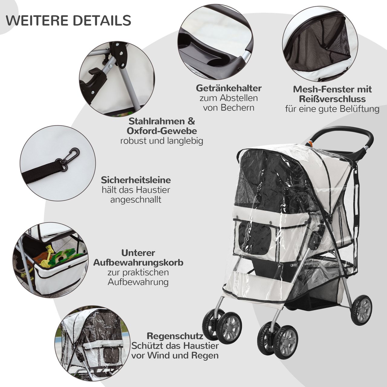 PawHut Hundetrolley, faltbarer Hundebuggy, Hundewagen mit Regenverdeck, Grau
