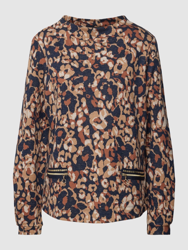 Sweatshirt mit Allover-Muster und Reißverschlusstaschen in camel
