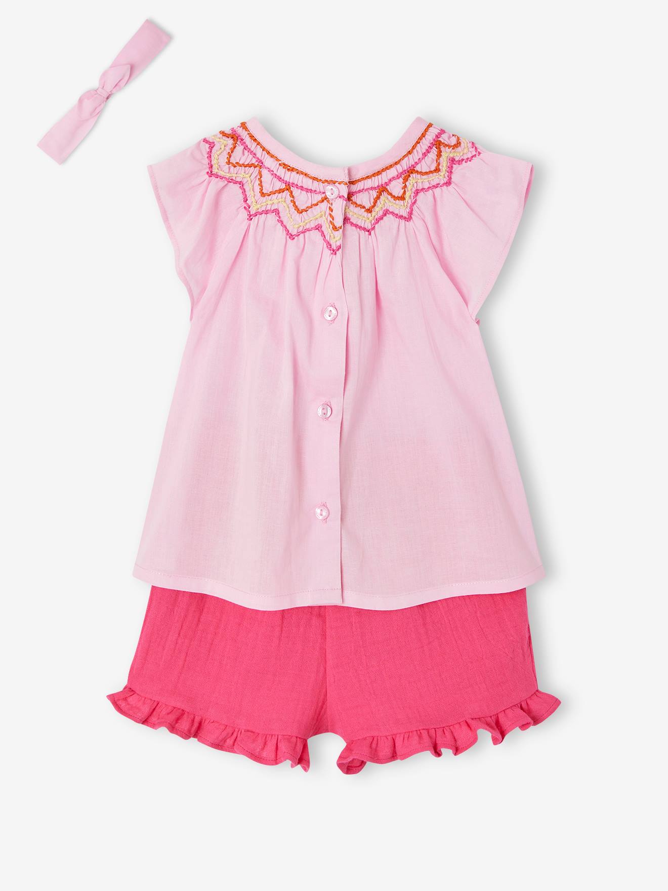 Vertbaudet Mädchen Baby-Set: Bluse, Shorts & Haarband - rosa