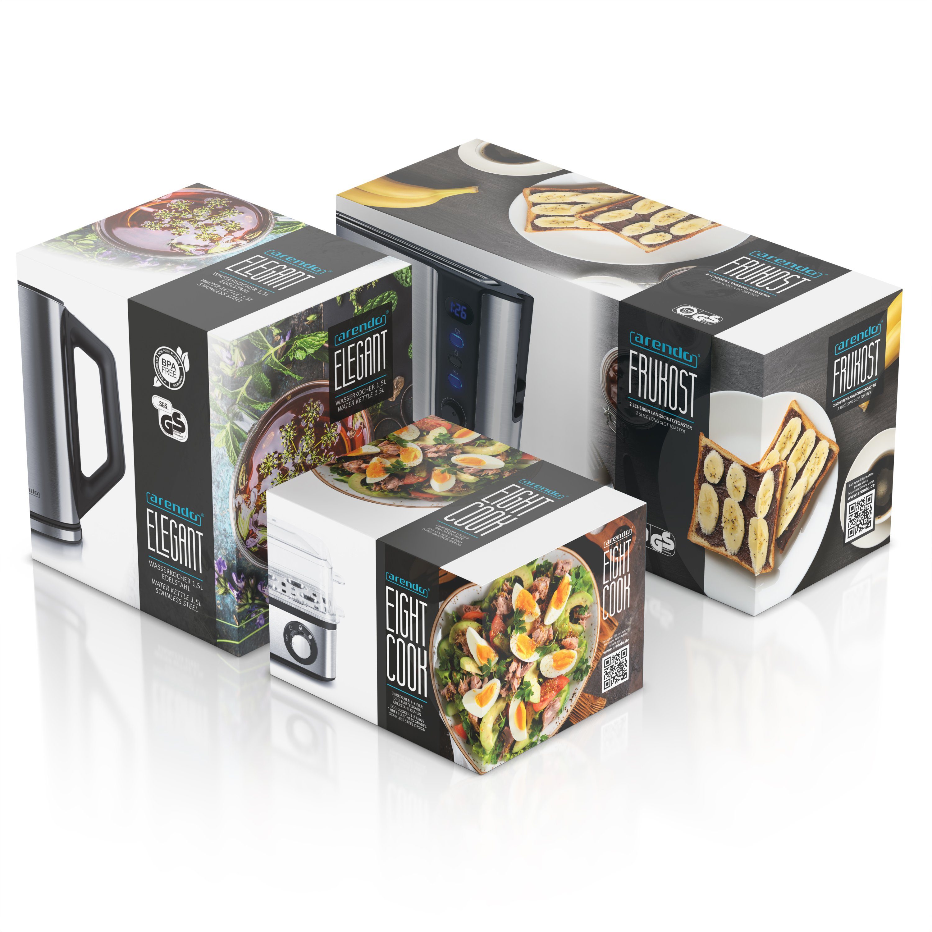 Arendo Frühstücks-Set (3-tlg), Wasserkocher 1,5l / 2-Scheiben Toaster / Eierkocher, Edelstahl, Silber