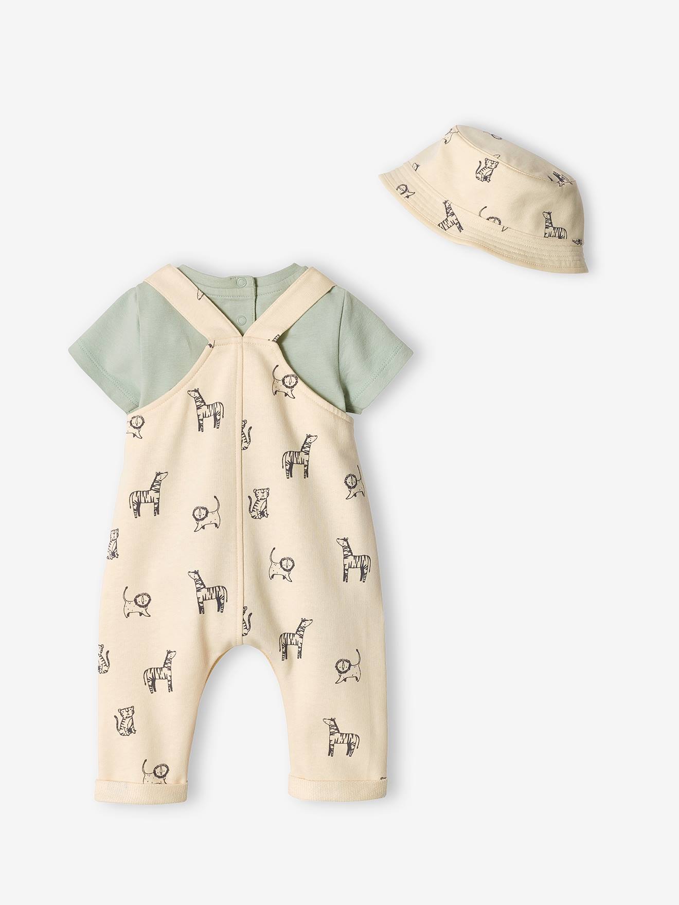 Ensemble bébé naissance bob, body et salopette bateaux blanc/bleu