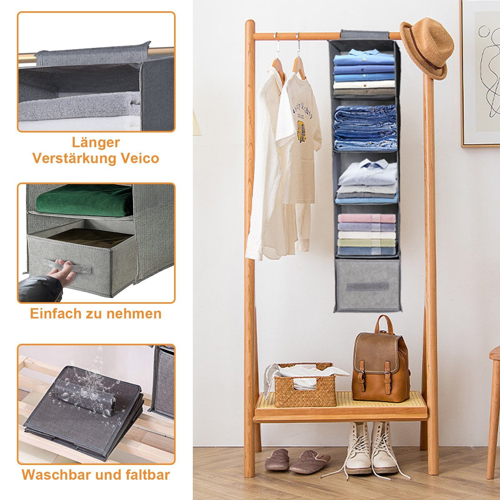 BTTO Hängeregal Hängeregal Stabiler Hängeorganizer Kleiderschrank Organizer,Grau, 1-tlg., Hängeorganizer,mit 3/4/5 Fächern,für Schrank Wandschrank