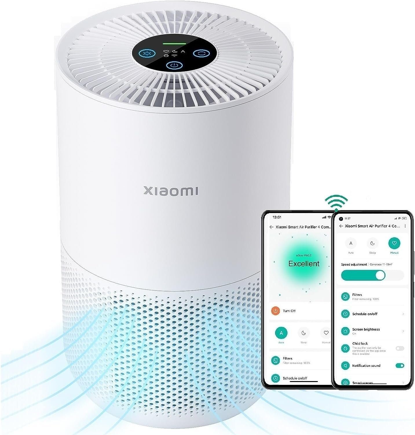 Xiaomi Luftreiniger Smart Air Purifier 4 Compact Luftreiniger, für 27 m² Räume, Removes up to 99.97% Pet Hair, Dust, Viruses & Aerosols
