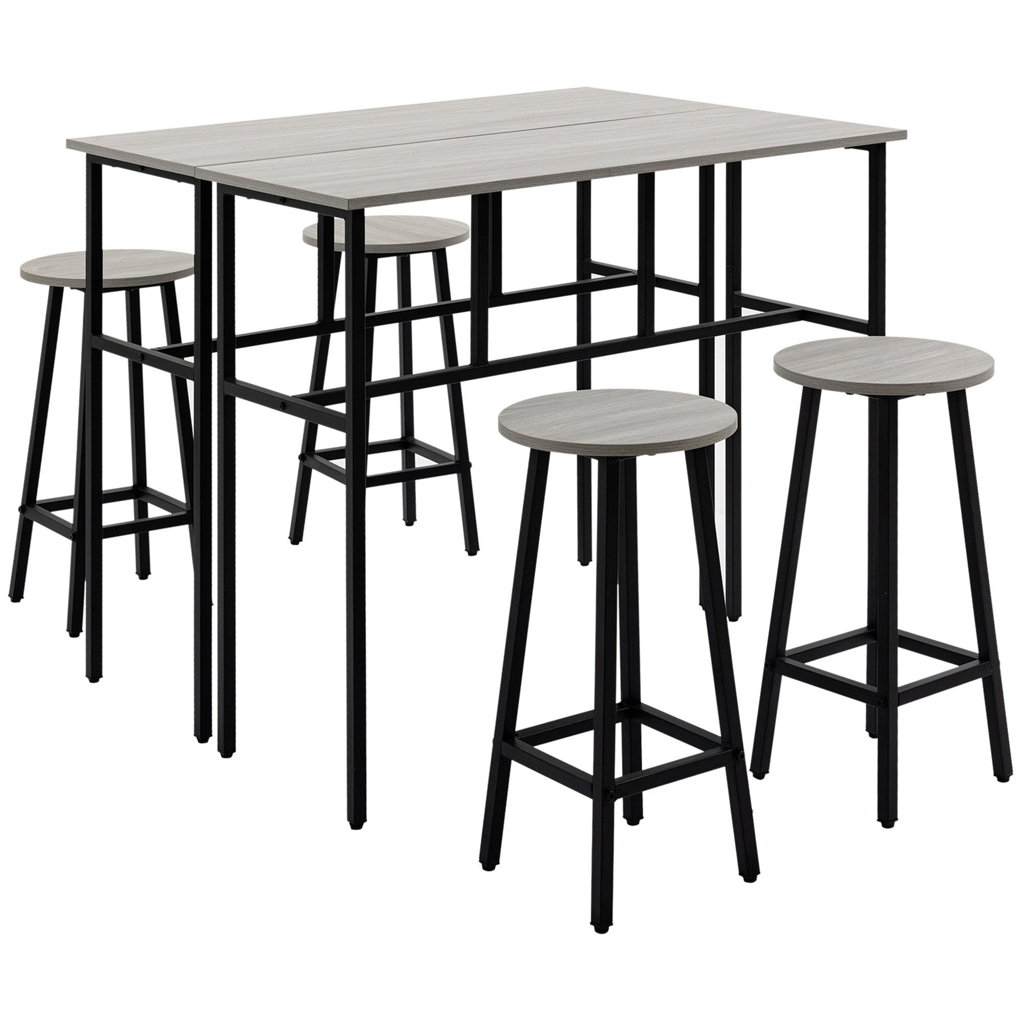 HOMCOM Bargruppe Bartisch-Set im Industriedesign, (Set, 6-tlg), 6-teilig Essgruppe 2 Bartisch mit 4 Stühlen Grau, Schwarz