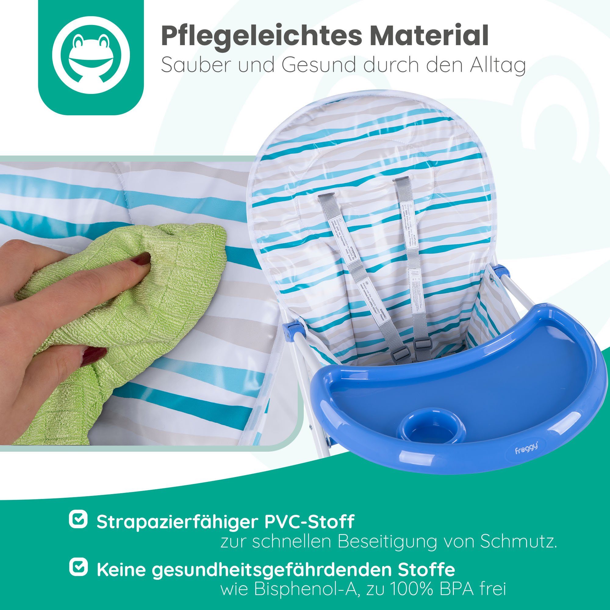 Froggy Hochstuhl, zusammenklappbar, mit Sicherheitsgurt und Esstisch