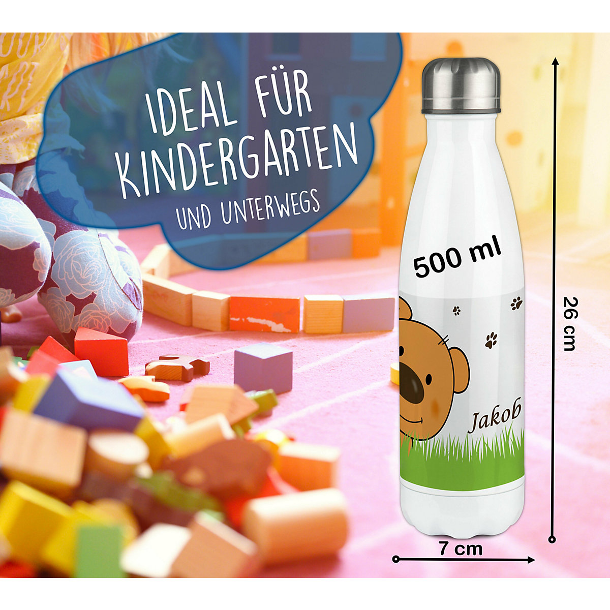 Edelstahl Kinder Thermoflasche / Trinkflasche bunt Teddy Bär-Graß Spülmaschinenfest, Auslaufsicher, Bruchfest, Doppelwandig, Für Heißgetränke geeignet, Mit Deckel, Isoliert