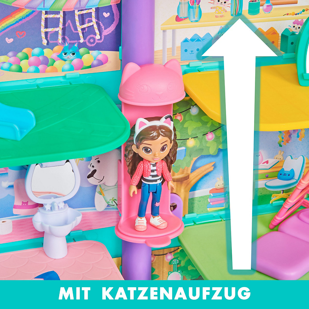 Gabby‘s Dollhouse, Puppenhaus mit 2 Spielzeugfiguren, 8 Möbelstücken, 3 Zubehörteilen, 2 Überraschungsboxen und Geräuschen, geeignet für Kinder ab 3 Jahren