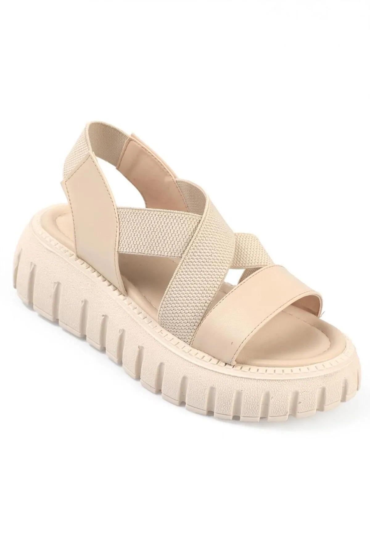 Capone Outfitters  Capone Damen-Sandalen mit rundem Zehenbereich, überkreuztem Gummiband, Trak-Sohle, Keilabsatz und Beige