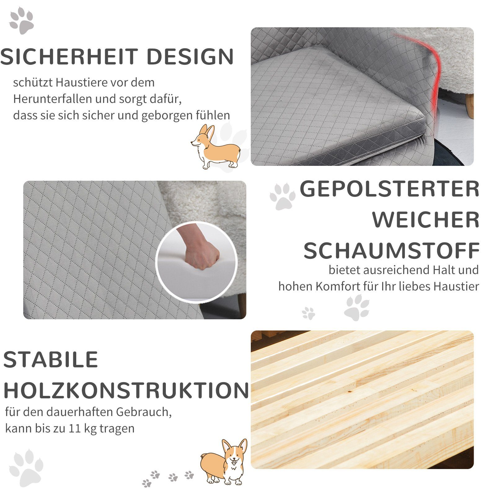 PawHut Tierbett Hundesofa mit Holzbeinen Hundebett für kleine Hunde bis zu 8 kg, Grau, samtartiges Polyester, 64B x 45T x 36H cm