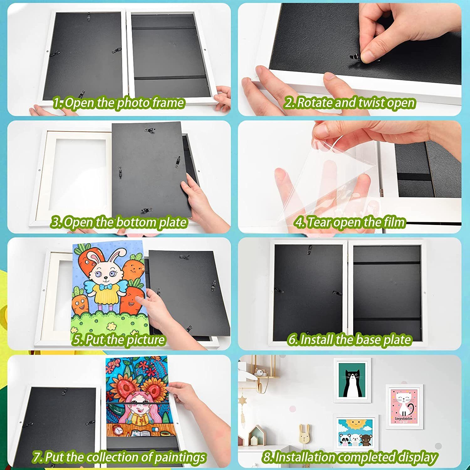 Blusmart Bilderrahmen Kinder Kunst Bilderrahmen Kunstrahmen A4 Frontöffnung, (Kinderzeichnungen Kunstfotorahmen), Wechselrahmen für Kinderbilder, Für Kinder zum Basteln, Aufhängen und Aufbewahren von Kunstwerken