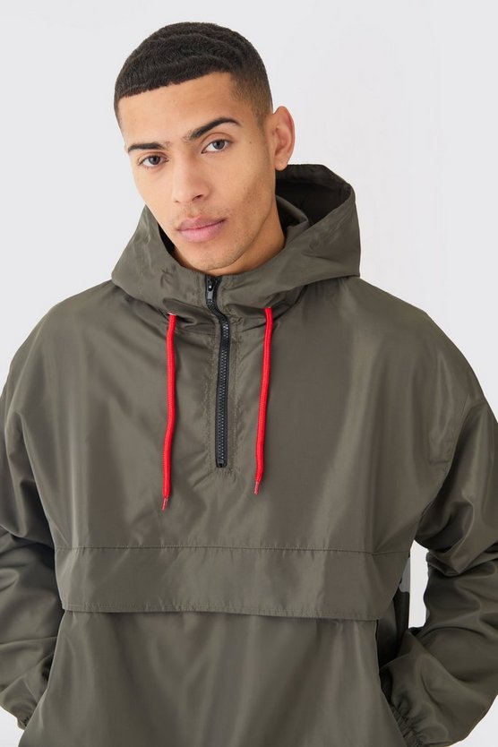 Oversize Windbreaker mit Kapuze und halbem Reißverschluss