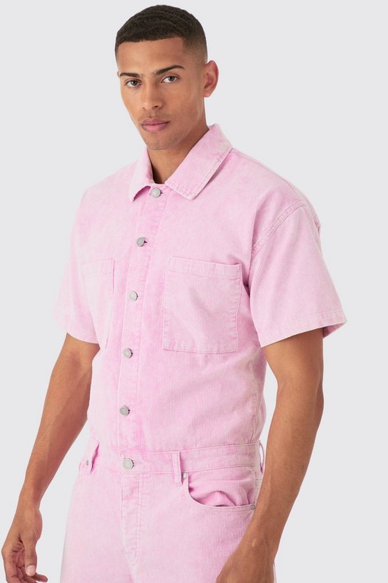 Lockerer Cord-Boilersuit in Pink mit Acid-Waschung