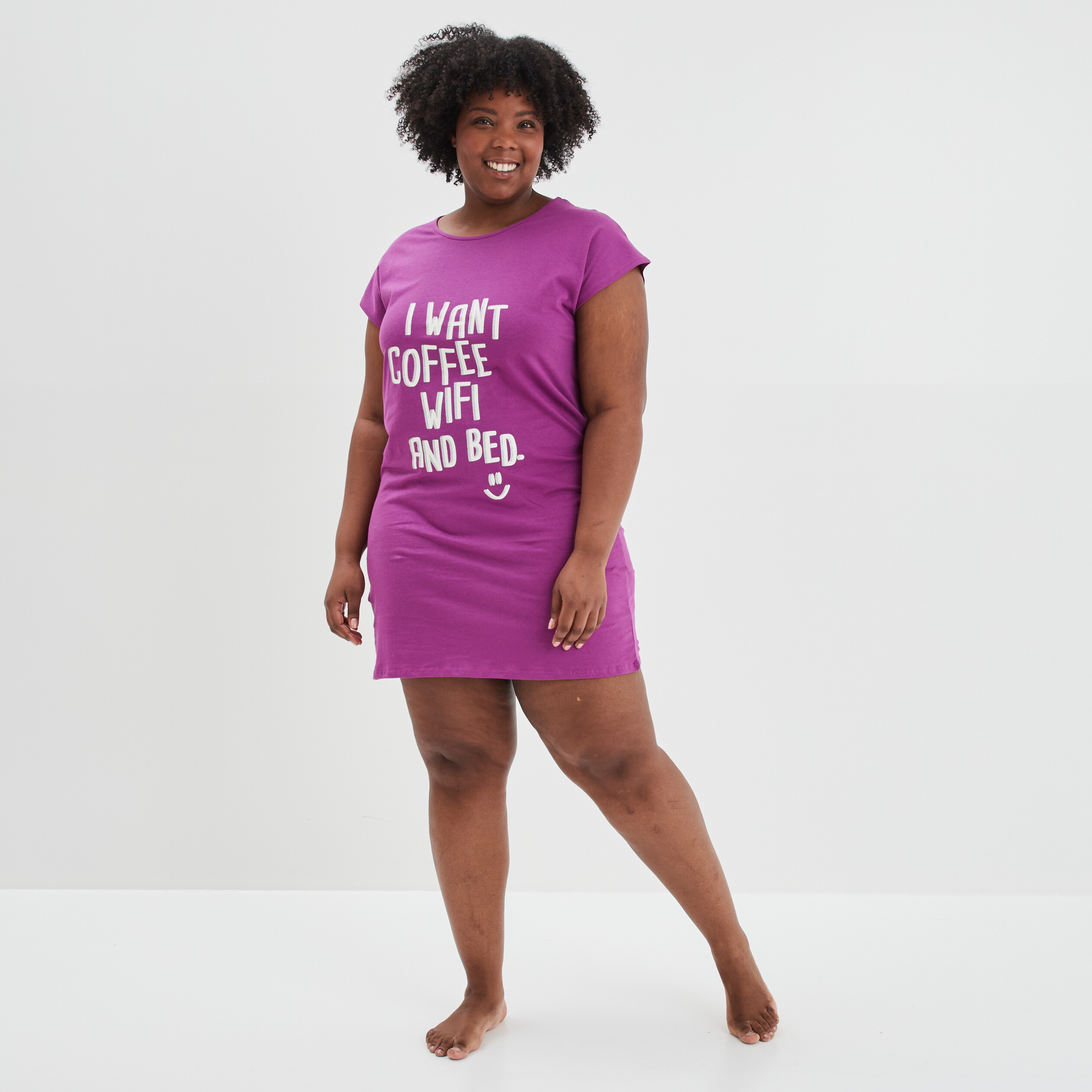 Chemise de nuit droite courte coton violet femme grande taille | La Halle