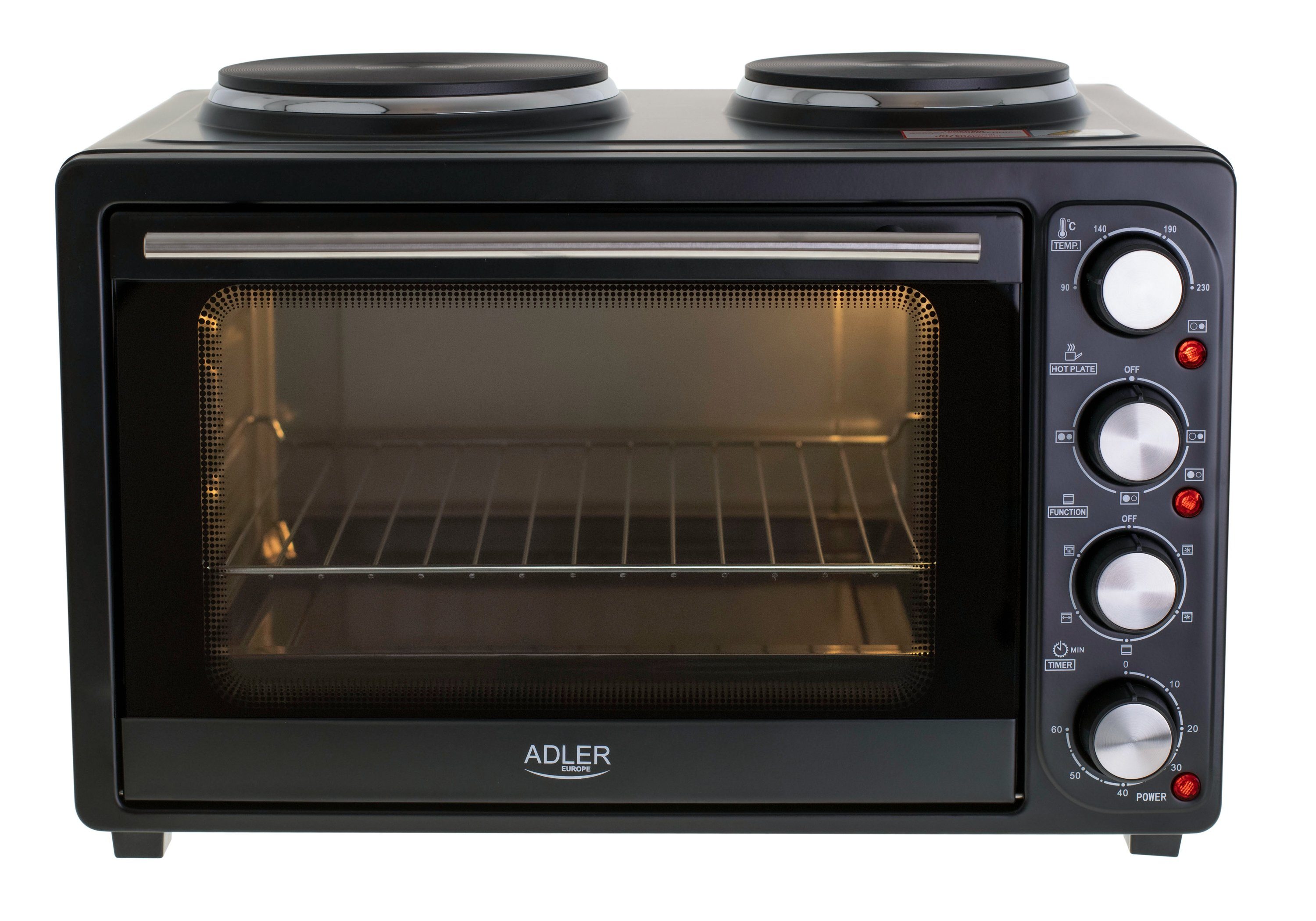 JUNG Minibackofen ADLER AD6020 Minibackofen 36L mit 2 Kochplatten, Umluft / Heißluft, Mini Backofen mit Herdplatte, 4600W, Timer, kleiner Backofen klein