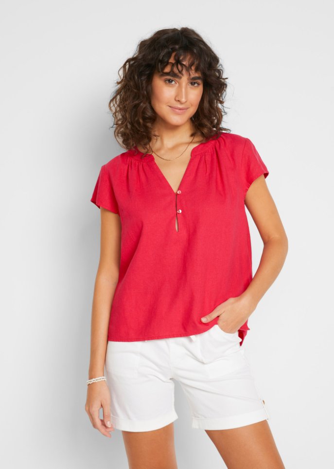 Kurzgeschnittene Bluse mit Leinen und Seitenschlitzen