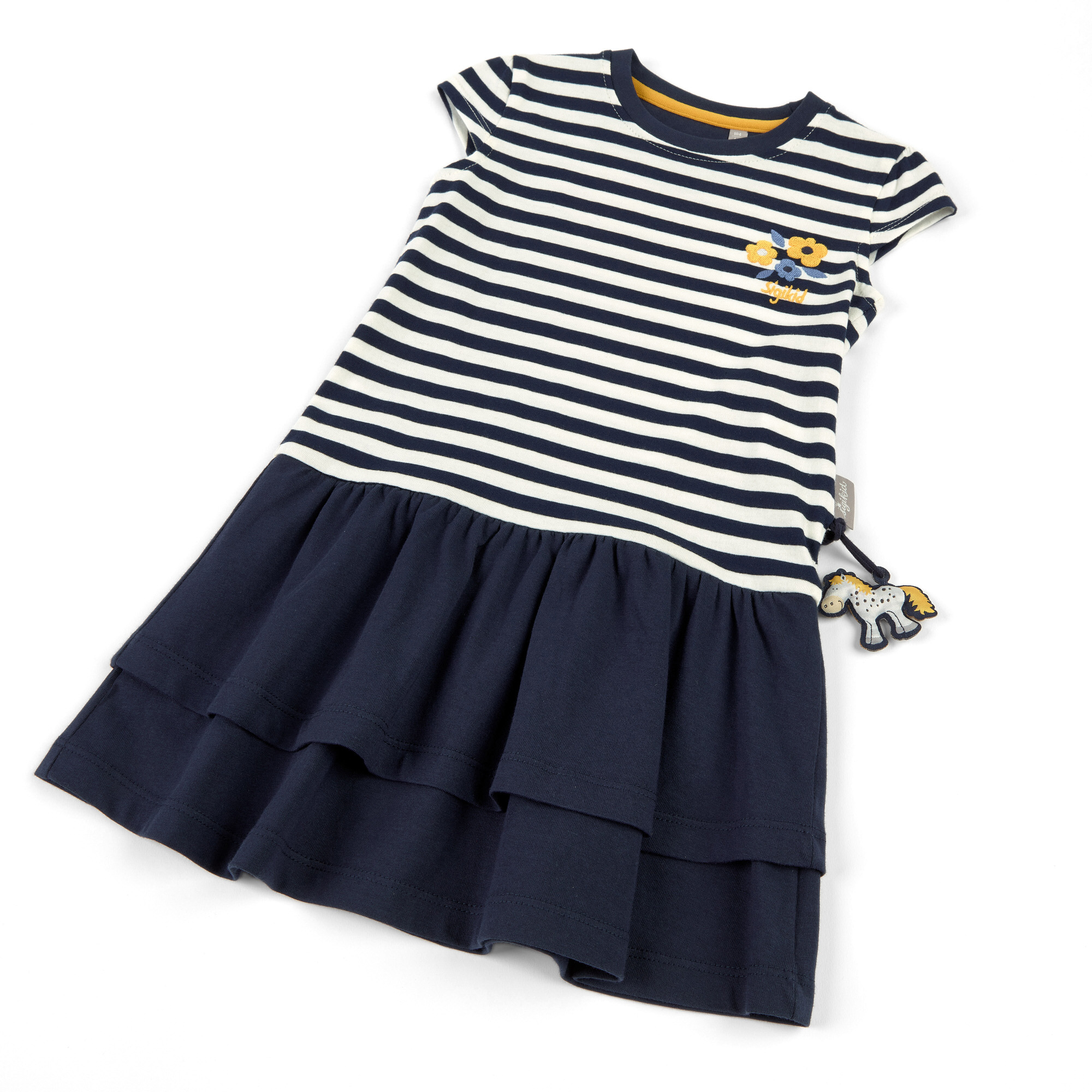 Kinder Ringelkleid mit Volants und Blümchen Stickerei
